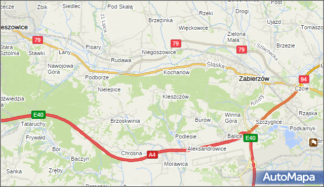 mapa Kleszczów gmina Zabierzów, Kleszczów gmina Zabierzów na mapie Targeo