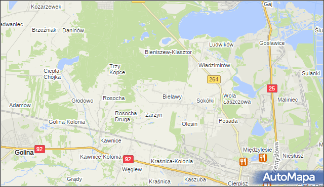 mapa Bielawy gmina Kazimierz Biskupi, Bielawy gmina Kazimierz Biskupi na mapie Targeo