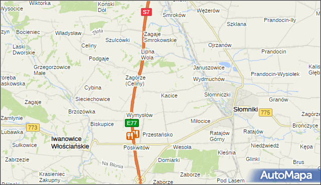 mapa Kacice gmina Słomniki, Kacice gmina Słomniki na mapie Targeo