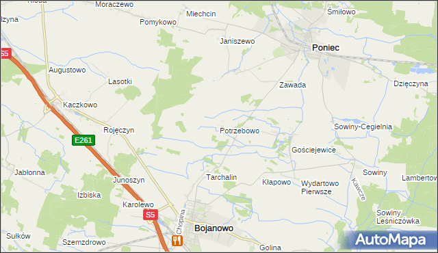 mapa Potrzebowo gmina Bojanowo, Potrzebowo gmina Bojanowo na mapie Targeo