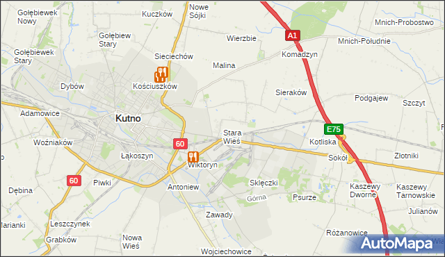 mapa Stara Wieś gmina Kutno, Stara Wieś gmina Kutno na mapie Targeo