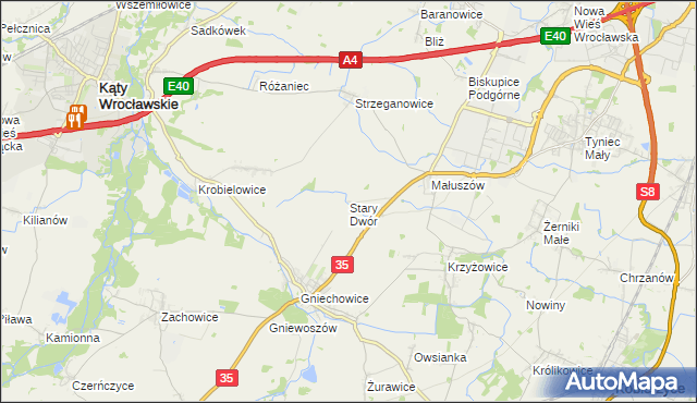 mapa Stary Dwór gmina Kąty Wrocławskie, Stary Dwór gmina Kąty Wrocławskie na mapie Targeo