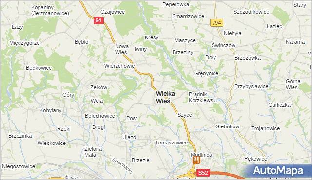 mapa Wielka Wieś powiat krakowski, Wielka Wieś powiat krakowski na mapie Targeo
