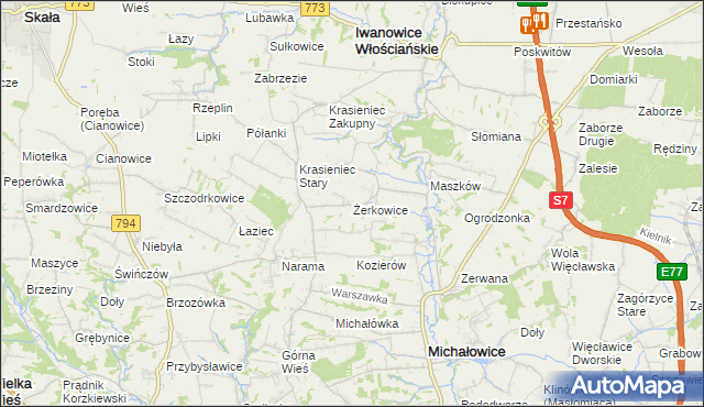 mapa Żerkowice gmina Iwanowice, Żerkowice gmina Iwanowice na mapie Targeo