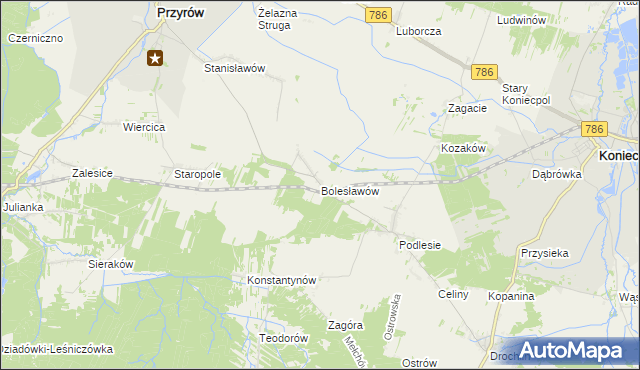 mapa Bolesławów gmina Przyrów, Bolesławów gmina Przyrów na mapie Targeo