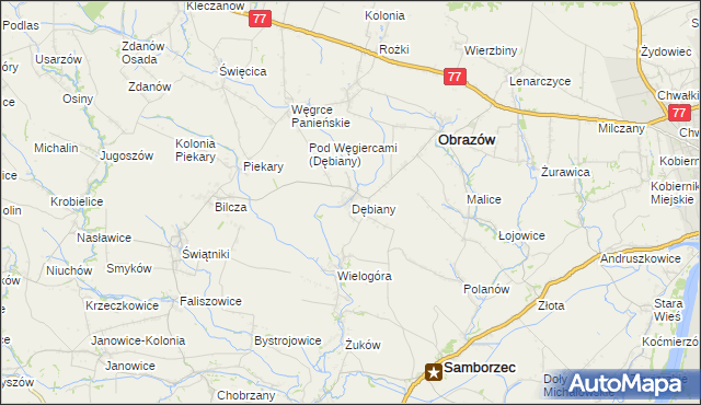 mapa Dębiany gmina Obrazów, Dębiany gmina Obrazów na mapie Targeo