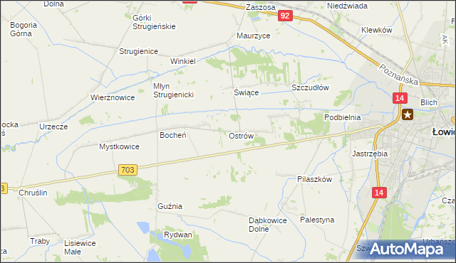 mapa Ostrów gmina Łowicz, Ostrów gmina Łowicz na mapie Targeo