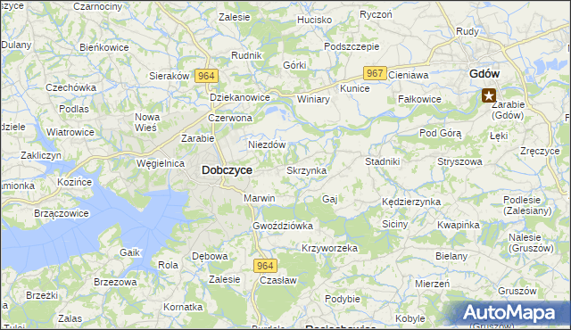 mapa Skrzynka gmina Dobczyce, Skrzynka gmina Dobczyce na mapie Targeo