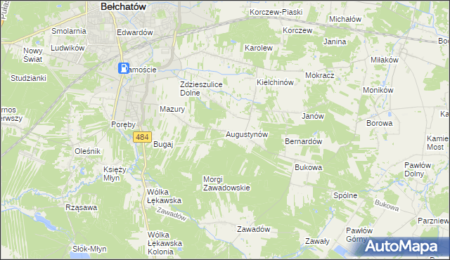 mapa Augustynów gmina Bełchatów, Augustynów gmina Bełchatów na mapie Targeo