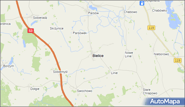 mapa Bielice powiat pyrzycki, Bielice powiat pyrzycki na mapie Targeo