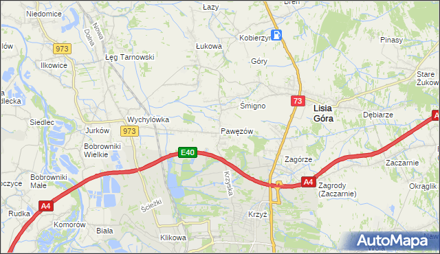 mapa Pawęzów gmina Lisia Góra, Pawęzów gmina Lisia Góra na mapie Targeo