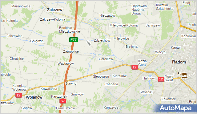 mapa Cerekiew gmina Zakrzew, Cerekiew gmina Zakrzew na mapie Targeo