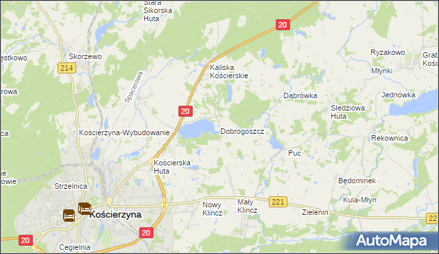 mapa Dobrogoszcz gmina Kościerzyna, Dobrogoszcz gmina Kościerzyna na mapie Targeo