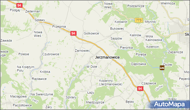 mapa Jerzmanowice gmina Jerzmanowice-Przeginia, Jerzmanowice gmina Jerzmanowice-Przeginia na mapie Targeo
