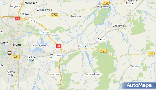 mapa Kubice gmina Nysa, Kubice gmina Nysa na mapie Targeo