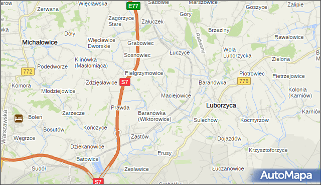 mapa Maciejowice gmina Kocmyrzów-Luborzyca, Maciejowice gmina Kocmyrzów-Luborzyca na mapie Targeo