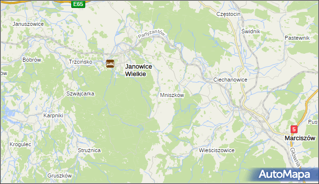 mapa Mniszków gmina Janowice Wielkie, Mniszków gmina Janowice Wielkie na mapie Targeo