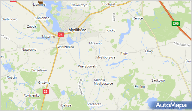 mapa Myśliborzyce gmina Myślibórz, Myśliborzyce gmina Myślibórz na mapie Targeo