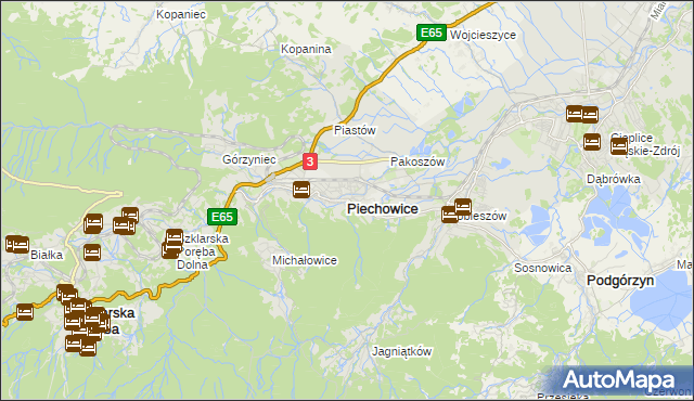 mapa Piechowice powiat jeleniogórski, Piechowice powiat jeleniogórski na mapie Targeo
