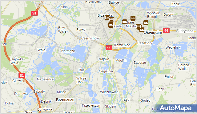 mapa Rajsko gmina Oświęcim, Rajsko gmina Oświęcim na mapie Targeo