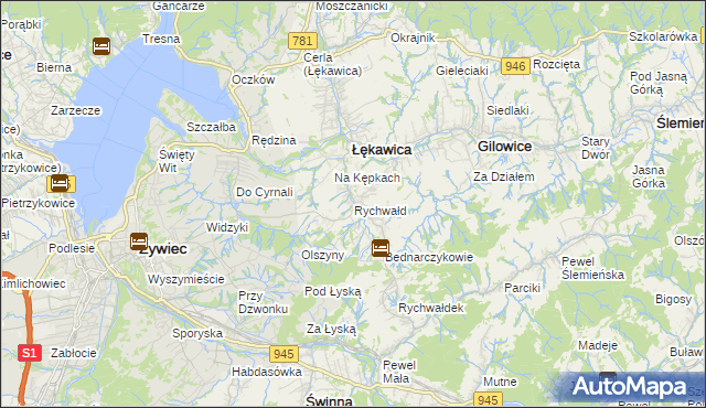 mapa Rychwałd gmina Gilowice, Rychwałd gmina Gilowice na mapie Targeo