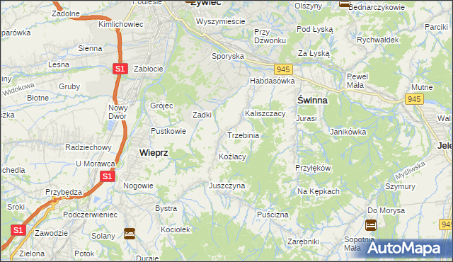 mapa Trzebinia gmina Świnna, Trzebinia gmina Świnna na mapie Targeo