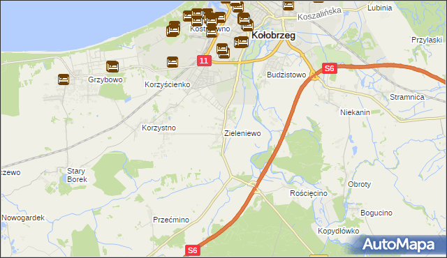 mapa Zieleniewo gmina Kołobrzeg, Zieleniewo gmina Kołobrzeg na mapie Targeo
