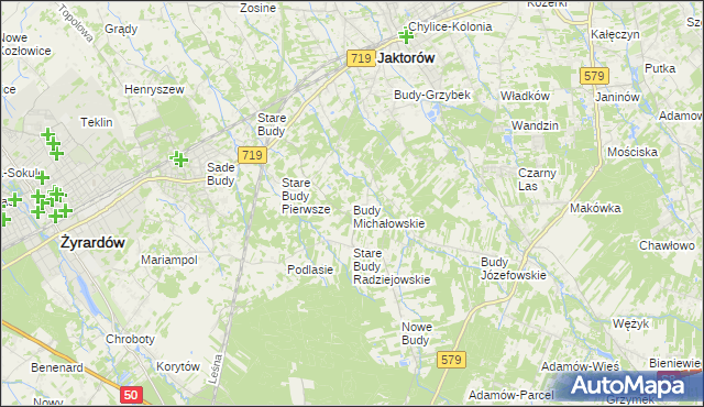 mapa Budy Michałowskie gmina Jaktorów, Budy Michałowskie gmina Jaktorów na mapie Targeo