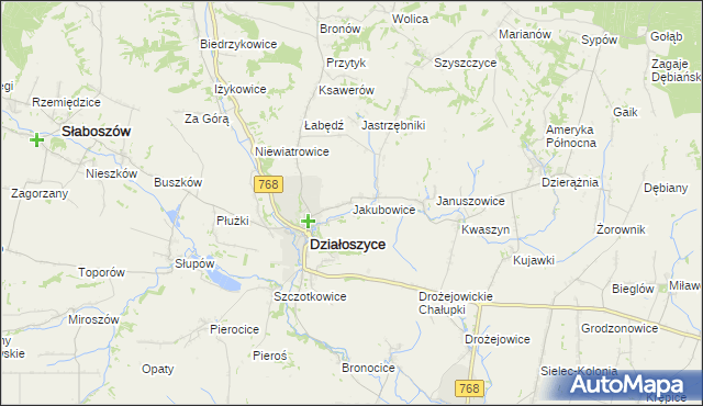 mapa Jakubowice gmina Działoszyce, Jakubowice gmina Działoszyce na mapie Targeo