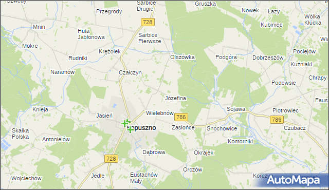 mapa Józefina gmina Łopuszno, Józefina gmina Łopuszno na mapie Targeo