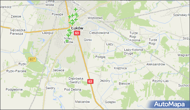 mapa Podgaj gmina Łuków, Podgaj gmina Łuków na mapie Targeo