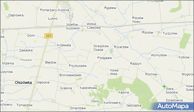 mapa Podgajew gmina Kłodawa, Podgajew gmina Kłodawa na mapie Targeo