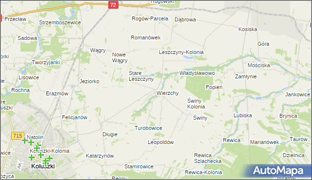 mapa Wierzchy gmina Koluszki, Wierzchy gmina Koluszki na mapie Targeo