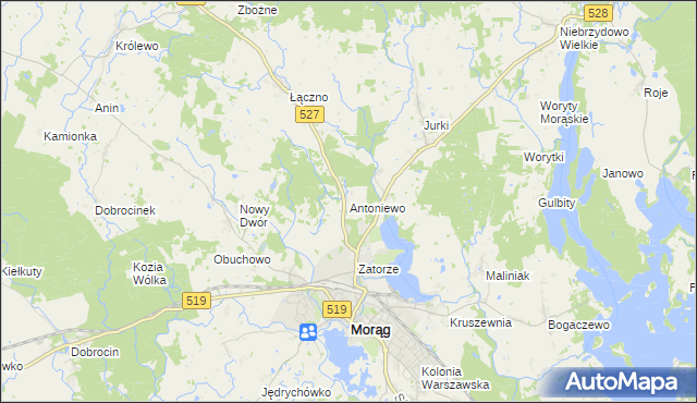 mapa Antoniewo gmina Morąg, Antoniewo gmina Morąg na mapie Targeo