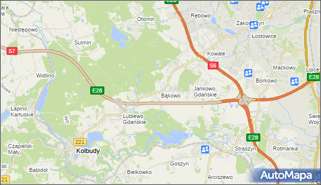 mapa Bąkowo gmina Kolbudy, Bąkowo gmina Kolbudy na mapie Targeo