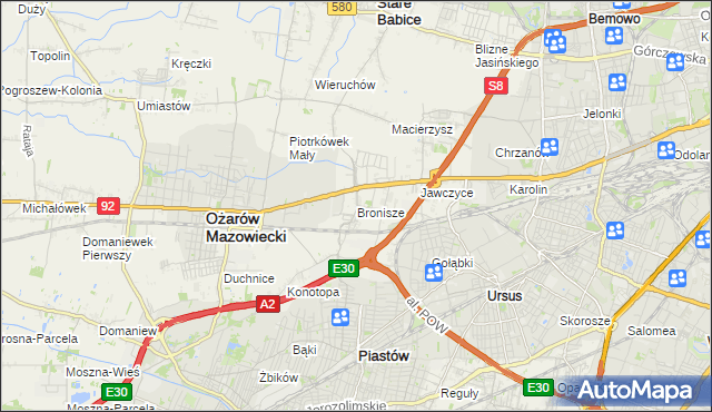 mapa Bronisze gmina Ożarów Mazowiecki, Bronisze gmina Ożarów Mazowiecki na mapie Targeo