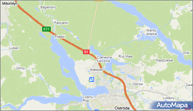 mapa Czerwona Karczma gmina Ostróda, Czerwona Karczma gmina Ostróda na mapie Targeo