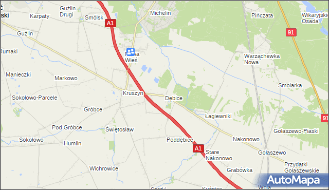 mapa Dębice gmina Włocławek, Dębice gmina Włocławek na mapie Targeo