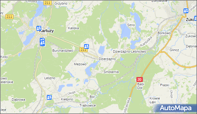 mapa Dzierżążno gmina Kartuzy, Dzierżążno gmina Kartuzy na mapie Targeo