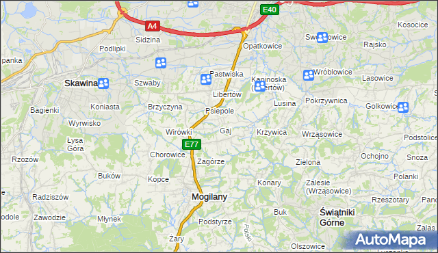 mapa Gaj gmina Mogilany, Gaj gmina Mogilany na mapie Targeo