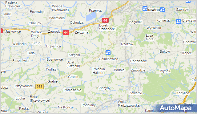 mapa Gołuchowice gmina Skawina, Gołuchowice gmina Skawina na mapie Targeo
