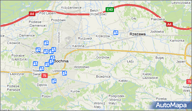 mapa Gorzków gmina Bochnia, Gorzków gmina Bochnia na mapie Targeo