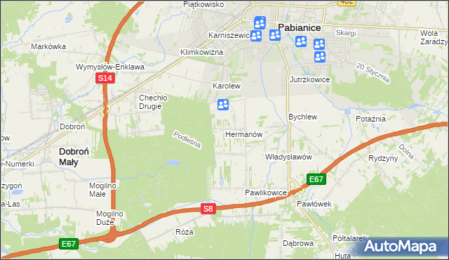 mapa Hermanów gmina Pabianice, Hermanów gmina Pabianice na mapie Targeo