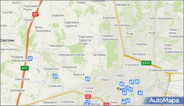 mapa Janiszew gmina Zakrzew, Janiszew gmina Zakrzew na mapie Targeo