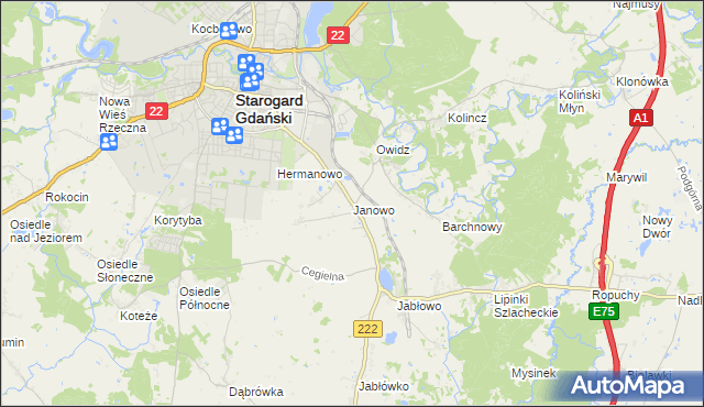 mapa Janowo gmina Starogard Gdański, Janowo gmina Starogard Gdański na mapie Targeo