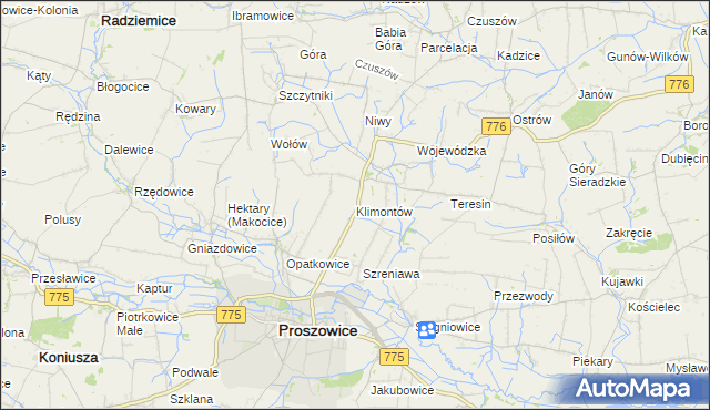 mapa Klimontów gmina Proszowice, Klimontów gmina Proszowice na mapie Targeo