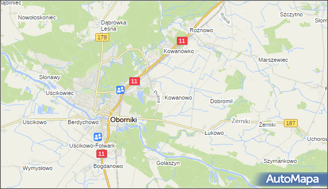 mapa Kowanowo gmina Oborniki, Kowanowo gmina Oborniki na mapie Targeo