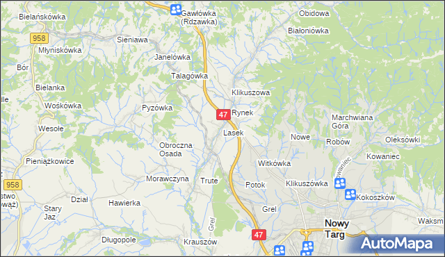 mapa Lasek gmina Nowy Targ, Lasek gmina Nowy Targ na mapie Targeo