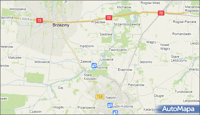 mapa Lisowice gmina Koluszki, Lisowice gmina Koluszki na mapie Targeo