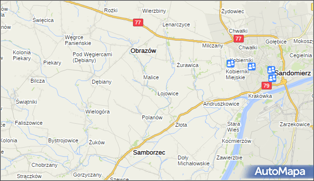 mapa Łojowice gmina Samborzec, Łojowice gmina Samborzec na mapie Targeo